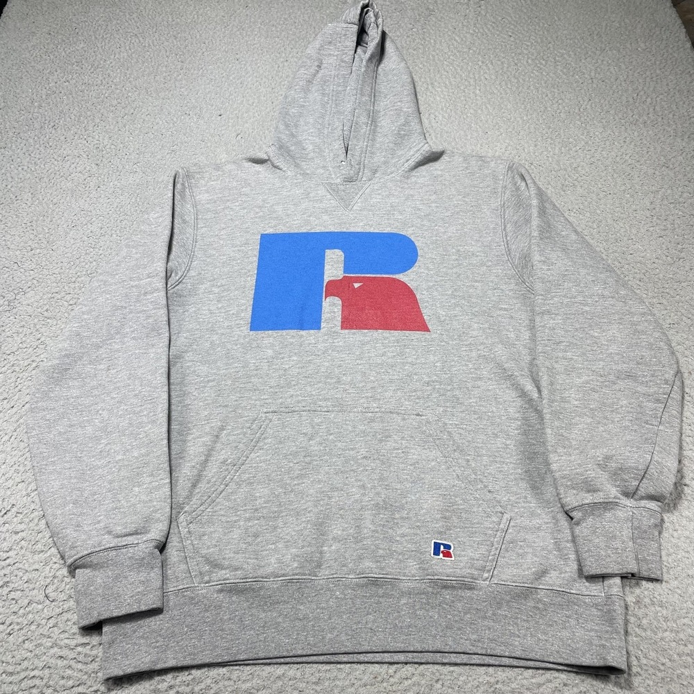 Russell Athletic Hoodie Mens Large‎ Gray Big R Logo Pullover Fleece Sweatshirt